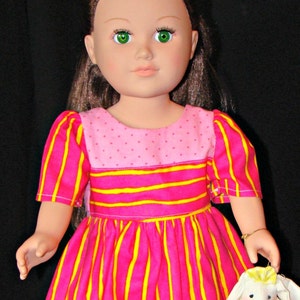 Hot Pink Dress with Yellow Stripes, Summer Outfit made to fit American Girl Style 18 Dolls School or Dress Up Doll Clothes. image 1