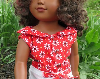 Dress short outfit for American Girl, My Life As, Our Generation or other 18 in dolls. Flowers on red collared shirt & white shorts with tie