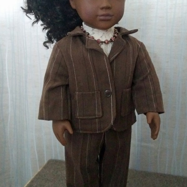 Brown pinstripe Business suit with ivory lace top for 18 in dolls like American Girl, My Life etc. Vice president, lawyer, CEO, or mom