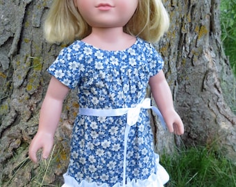 Doll Clothes Dress fits American Girl and other 18 inch dolls. White summery flowers on a blue background; ribbon belt and ruffle hem