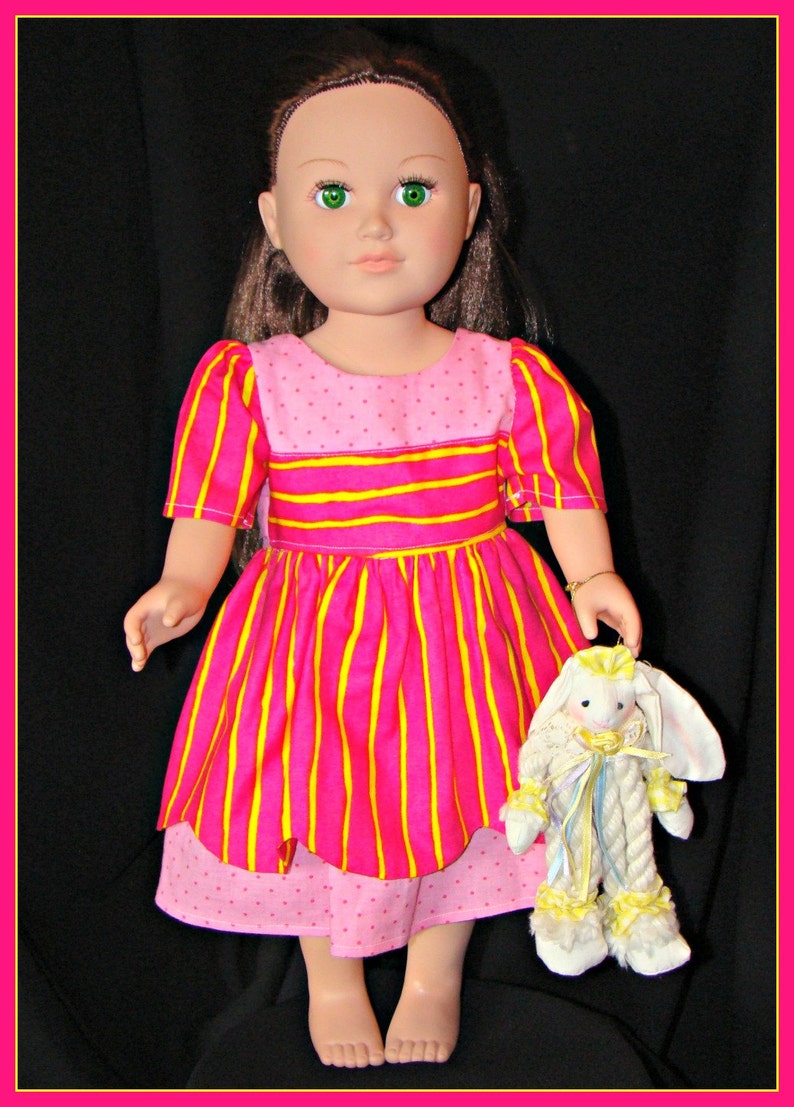 Hot Pink Dress with Yellow Stripes, Summer Outfit made to fit American Girl Style 18 Dolls School or Dress Up Doll Clothes. image 1