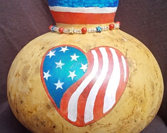 USA Heart Decorative Dried Gourd Vase. Red, White and Blue Gourd Home grown and hand painted and beaded in the USA