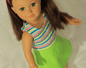 Lime sundress with brightly striped bodice fits American Girl and other 18 inch dolls