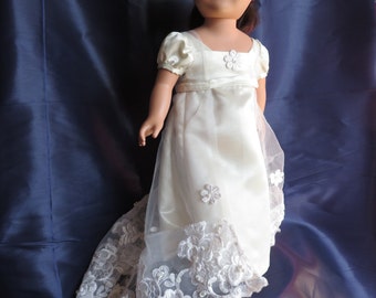 Princess Wedding Dress fits American Girl & other 18 in dolls. Dress, lace overlay with bustle train, veil, flowers, and shoes available.