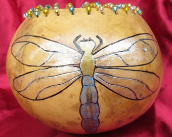 Beaded top dragonfly gourd bowl. Natural dried gourd cut and cleaned. Wood burnt green darner design painted with pearl and metallic paints