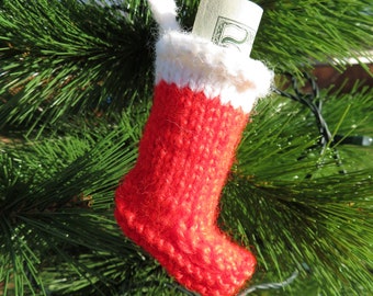 Stocking Ornament is hand knitted and doubles as a Money holder to deliver cash gifts in a festive Christmasy fashion - money not included