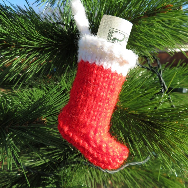 Stocking Ornament is hand knitted and doubles as a Money holder to deliver cash gifts in a festive Christmasy fashion - money not included