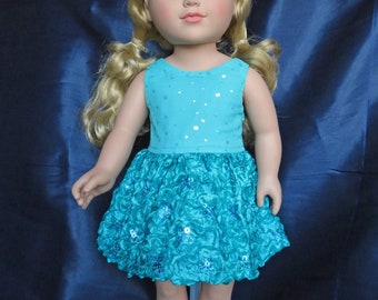 Teal dress w/ tank top & sparkle skirt for 18-in dolls. Perfect for bridesmaid, prom, quinceanera or other special occasion.