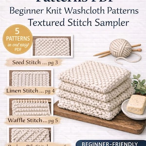 Puede incluir: Imagen promocional de un patrón PDF para principiantes en punto de tejido de paños de cocina. La imagen muestra una pila de paños de cocina tejidos de color beige, hilo, agujas de tejer y una pastilla de jabón. El texto incluye "Dishcloth Knitting Patterns PDF" y "Beginner Knit Washcloth Patterns".