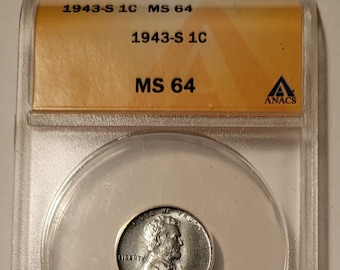 1943 S Lincoln Wheat Steel Cent MS64 ANACS Light Patina