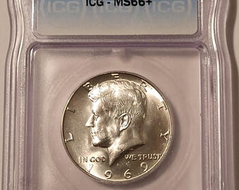1969 D Kennedy Half Dollar Unc MS66+ ICG