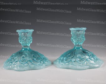 SCARCE - Vintage Fenton Handmade Blue Opalescent Lily Of The Valley #8475-BO Candle Holder Set