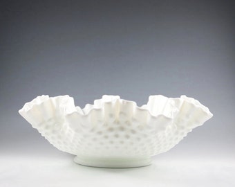 LARGE Vintage Fenton Handmade Milk Glass Hobnail Double Crimped Bowl