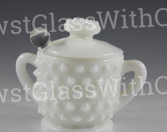 Vintage Fenton Handmade Milk Glass Hobnail Jelly/Mustard Jar With Lid With 2 Handles