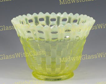 GLOWS - Vintage Fenton Handmade Topaz Opalescent Basket Weave Pattern With Ruffled Open Edge Hex-Shape Bowl
