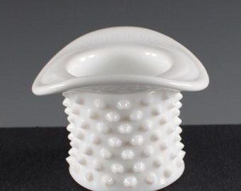 Vintage Fenton Handmade Milk Glass Hobnail Pattern Hat Vase Trinket Dish