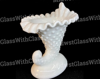 Vintage Fenton Large Handmade Milk Glass Hobnail Candleholder Cornucopia "Large"