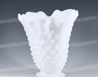 Vintage Fenton Handmade Milk Glass Hobnail Swung 6" Handkerchief Vase