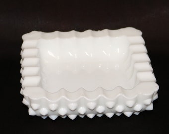 Fenton Handmade Milk Glass Hobnail Square Ashtray "Vintage"