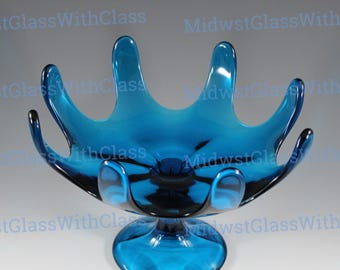 Vintage Viking Bluenique Glass 8 Petal Epic PatternPedestal Fruit Bowl Midcentury Glass