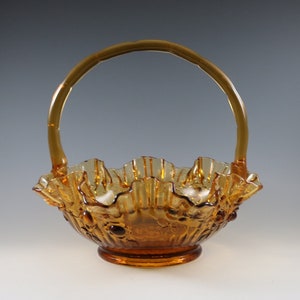 Vintage Fenton Handmade Golden Amber Rose Basket With Double Crimped Ruffled Edges
