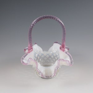 Rarer Vintage Fenton Handmade French Opalescent Hobnail Dusty Rose Crest Glass Basket With Applied Handle