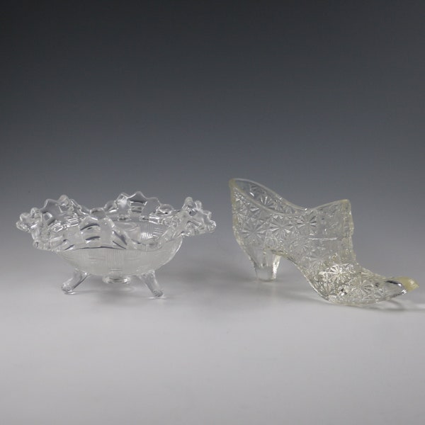 Two For One - Vintage Fenton Handmade Crystal Basket Weave Candle Bowl And LE Smith Daisy And Button Glass Shoe