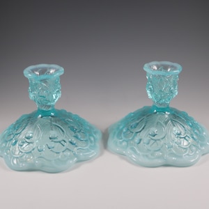 SCARCE - Vintage Fenton Handmade Blue Opalescent Lily Of The Valley #8475-BO Candle Holder Set