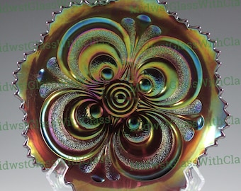Antique Imperial Handmade Amethyst Carnival Glass Embossed Scroll Pattern Bowl c. 1911