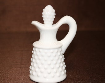 Vintage 1970-1985 Fenton Handmade White Milk Glass Hobnail Oil Vinegar Cruet With Stopper
