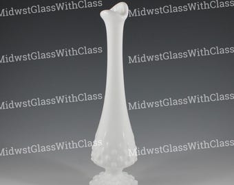 Vintage Fenton Handmade Milk Glass Hobnail Swung 9 1/4"  Bud Vase