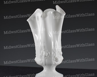 Vintage Midcentury Handmade Fenton Milk Glass Rose Pattern Swung Handkerchief Vase