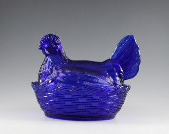 Vintage Unknown Maker Handmade Cobalt Blue Hen On Nest Dish