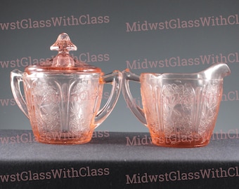 Antique Jeannette Depression Pink Glass Cherry Blossom Pattern Creamer And Sugar W/Lid