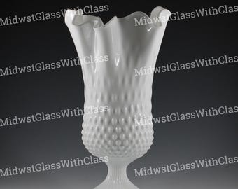 LARGE Vintage Fenton Handmade Milk Glass Hobnail Swung 12" Handkerchief Vase