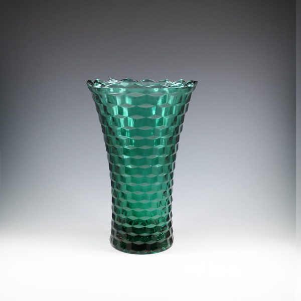 Gorgeous Vintage Indiana Glass Evergreen Color Cube Pattern Flared 10" Flower Vase