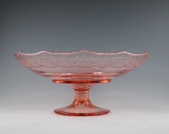 Elegant Glass Art Bowl Lela Bird Etch Vintage Pink Depression Glass Etched Console Bowl by Paden City Home Decor