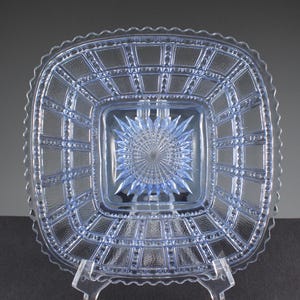Vintage Imperial Glass Co Depression Glass Blue Square Plate in Beaded Block Pattern 1920s