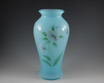 Exquisite Vintage Fenton Handmade Blue Topaz Handpainted Floral Decorated 2955-SV 10" Glass Vase