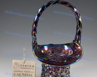 Fenton Vintage Handmade Amethyst Carnival Daisy And Button Pattern Handled Basket