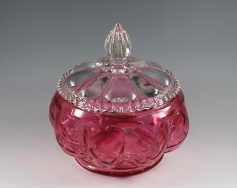 Gorgeous Vintage Fenton Handmade Ruby Overlay Candy Dish in Melon Pattern With Crystal Lid