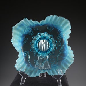 Antique Jefferson Handmade Blue Opalescent Vintage Pattern Ruffled Edge Footed Glass Bowl 1907