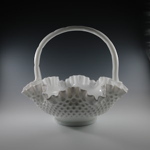 Large Vintage Fenton Handmade Milk Glass Hobnail Basket