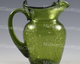 Beautiful Vintage Rainbow Or Pilgrim Glass Handmade Green Crackle Glass Pitcher