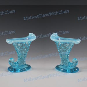 Vintage Fenton Blue Opalescent Hobnail Mini Cornucopia Candle Holder 1943-1955
