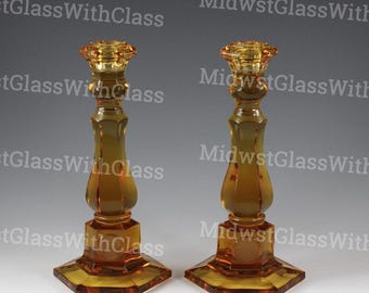 Vintage Fostoria Handmade Tall Golden Amber Coin Pattern Candle Stick Set