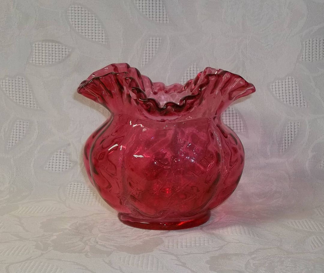 Vintage Fenton Handmade Ruby Overlay Vase With Diamond Optics