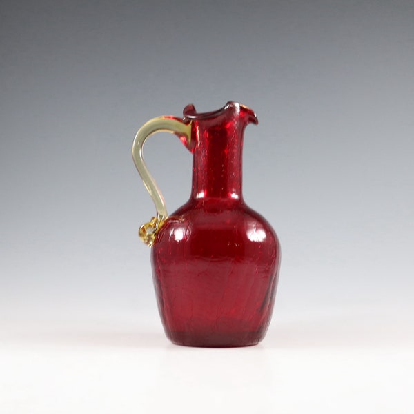 Vintage Blenko, Rainbow Or Pilgrim Glass Handmade Ruby/Amberina Crackle Glass Pitcher