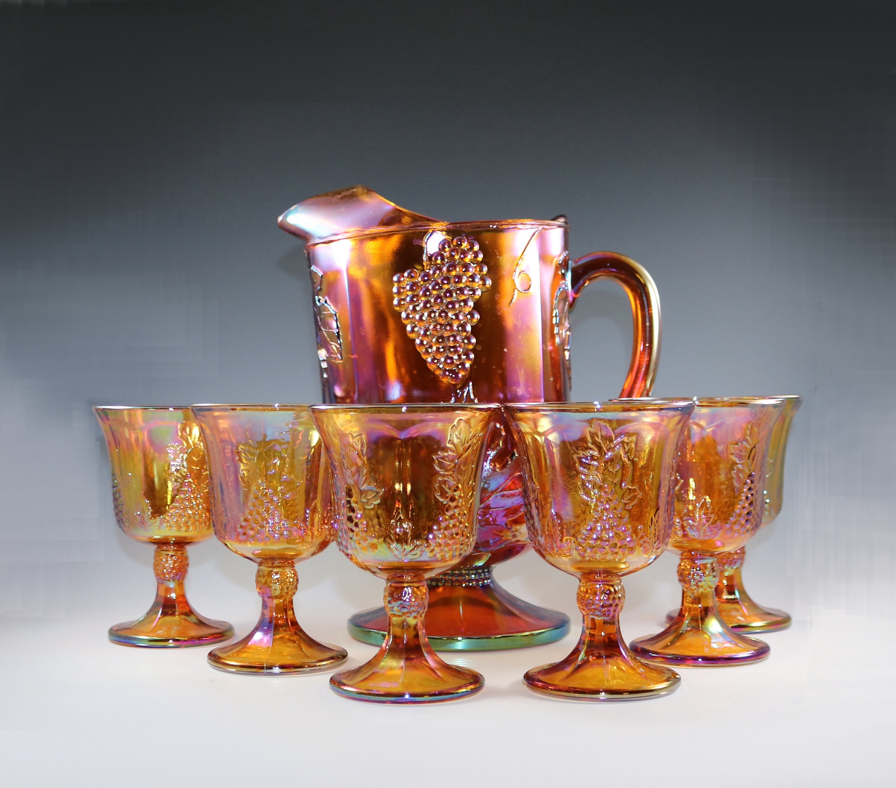 Pitcher & Glasses, Indiana Glass, Harvest Carnival Amber, Set of 9, Vi –  Antigo Trunk