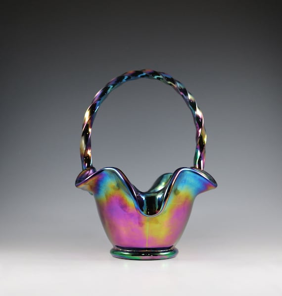Vintage Fenton Handmade Amethyst Carnival Peacock Glass Basket